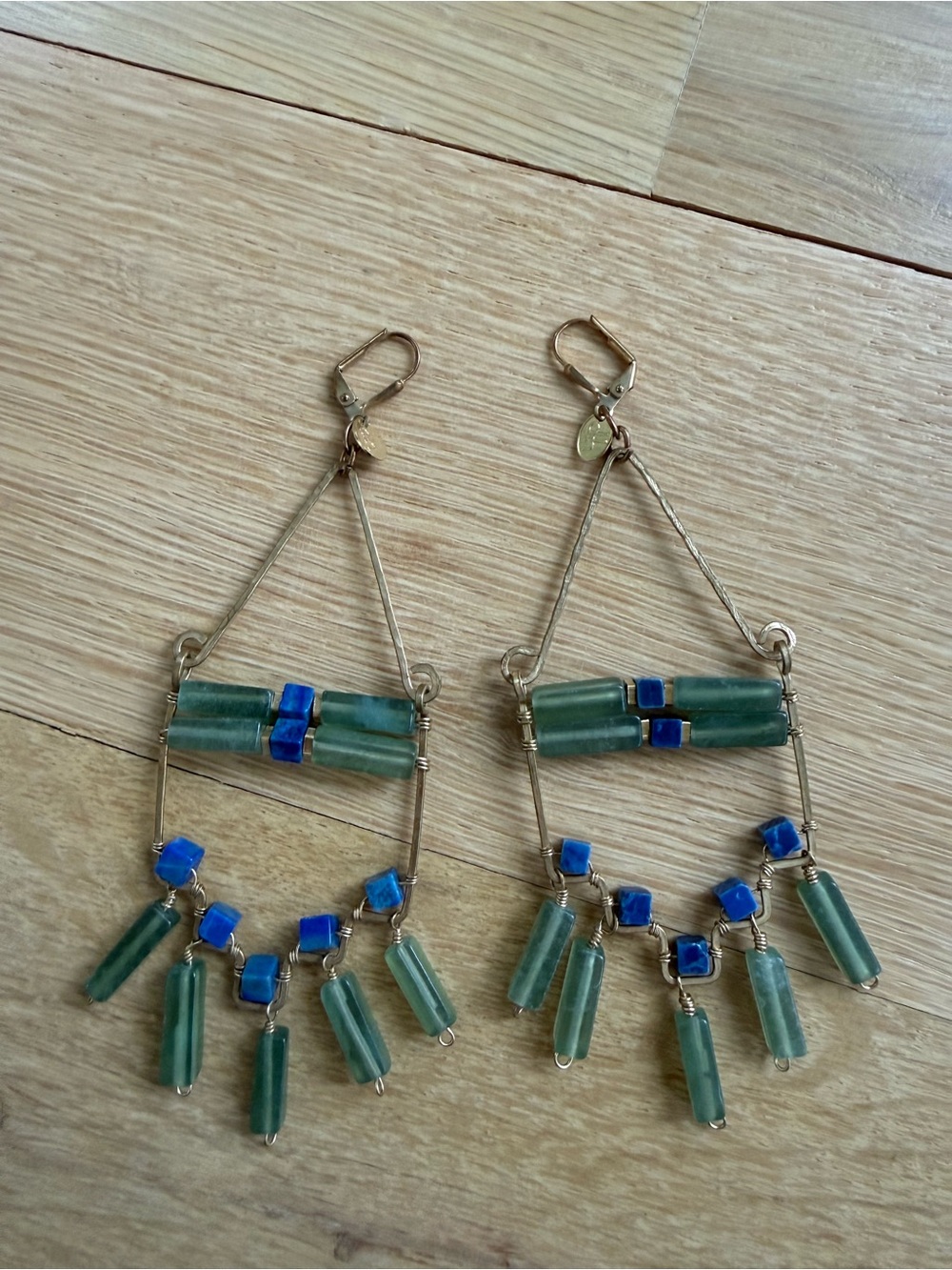 Anthropologie Grand Deco Massive Jade Lapis Lazuli Brass Wire Earrings
